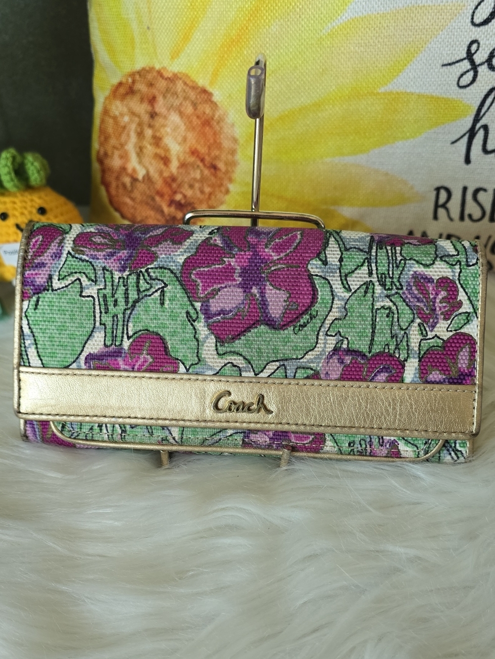 Coach Ashley Floral Canvas Wallet with Gold Trim - Green & Purple GUC